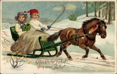 Präge Ak Glückwunsch Neujahr, Pferde-Schlitten, Kinder