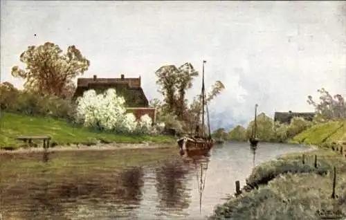 Künstler Ak Flusspartie, Ruderboote, Wohnhaus