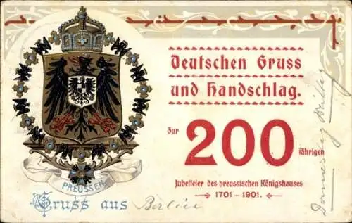 Glitzer Wappen Litho Deutscher Gruß und Handschlag, 200 Jahre Preußisches Königshaus 1901