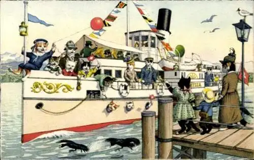 Ak Katzen verabschieden ihre Familie, Katzen mit Schiff unterwegs