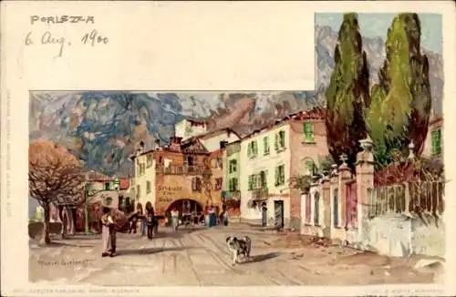 Künstler Litho Wielandt, M., Porlezza Lombardia, Straßenpartie, Hund, Passanten