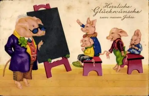Ak Glückwunsch Neujahr, Schweine, Schulunterricht