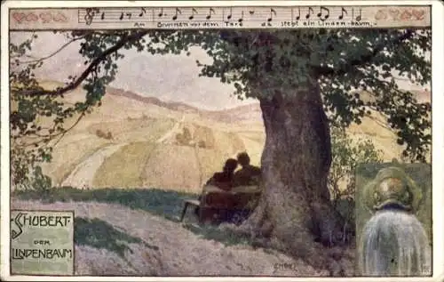 Lied Ak Schubert, Der Lindenbaum, Liebespaar, Sitzbank im Schatten, BKWI 766 4