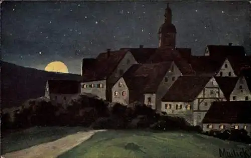 Künstler Ak Mailick, Stadt bei Nacht, Mondschein