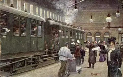 Künstler Ak Witt, F., Eisenbahn im Bahnhof, Bahnsteig