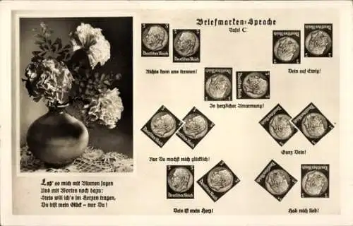 Ak Briefmarkensprache, Blumenstrauß, Blumenvase