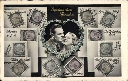 Briefmarken Ak Briefmarkensprache, Ein Kuss, Ich liebe Dich, In Gedanken dort