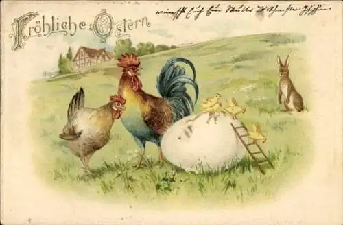 Präge Ak Glückwunsch Ostern, Osterhase, Hühner, Osterei