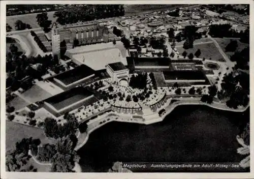 Ak Magdeburg an der Elbe, Fliegeraufnahme, Ausstellungsgelände am Adolf-Mittag-See
