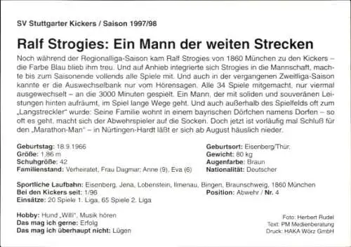 Autogrammkarte Fußballer Ralf Strogies, SV Stuttgarter Kickers, Autogramm
