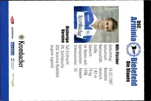 Autogrammkarte Fußballer Nils Fischer, DSC Arminia Bielefeld, Autogramm