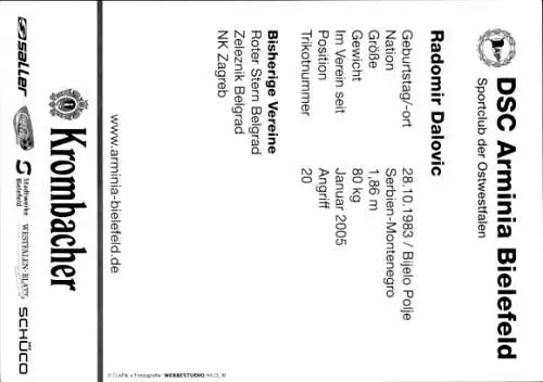 Autogrammkarte Fußballer Radomir Dalovic, DSC Arminia Bielefeld, Autogramm