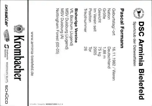 Autogrammkarte Fußballer Pascal Formann, DSC Arminia Bielefeld, Autogramm
