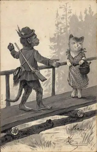 Künstler Präge Litho Schimpanse als Jäger, Katze mit Korb