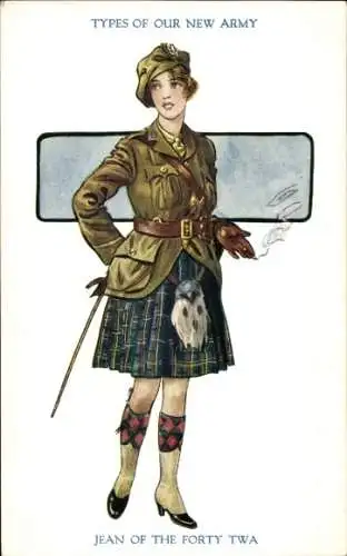 Künstler Ak Types of our new Army, Jean of the Forty Twa, Frau in schottischer Uniform, Zigarette