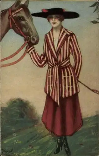 Künstler Ak Elegante Frau mit Pferd, Portrait