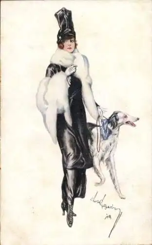 Künstler Ak Junge Frau in einem modischen schwarzen Kleid, Windhund