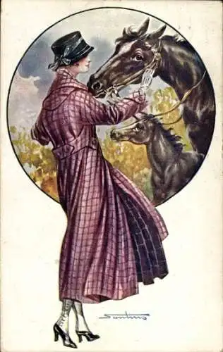 Künstler Ak Elegante Frau im Mantel, Pferd, Fohlen