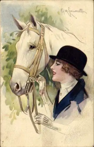 Künstler Ak Simonetti, Elegante Frau mit Pferd