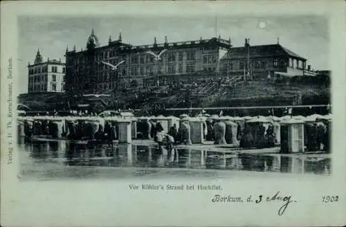Mondschein Ak Nordseebad Borkum in Ostfriesland, Vor Köhlers Strand bei Hochflut