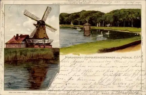 Künstler Litho Biese, C., Norderney, Napoleonschanze und Windmühle, Entenhaus, Novitas