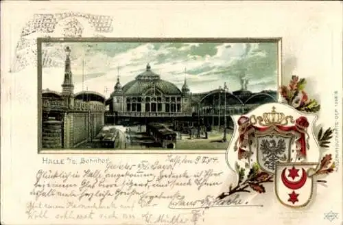 Präge Wappen Passepartout Litho Halle an der Saale, Bahnhof