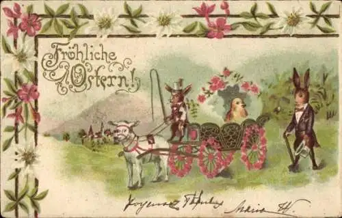 Präge Ak Glückwunsch Ostern, Osterhasen, Lammkutsche, Küken