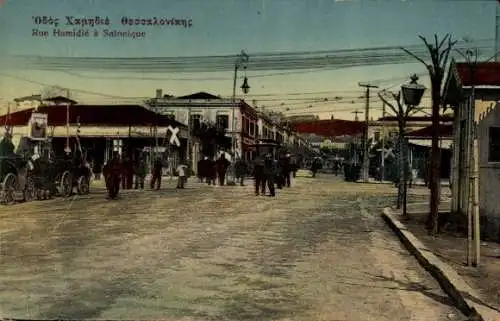 Ak Thessaloniki Griechenland, Rue Hamidié, Straßenpartie