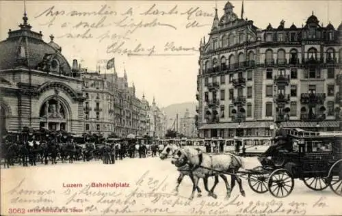 Ak Luzern, Kutsche, Bahnhofsplatz, Straßenbahn, St. Gotthard Terminus