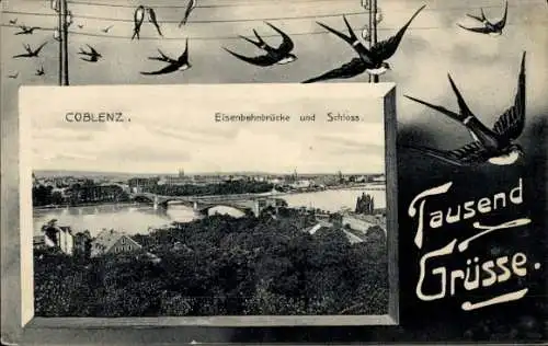 Passepartout Ak Koblenz am Rhein, Eisenbahnbrücke, Schloss, Schwalben