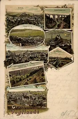 Litho Greiz in Thüringen, Elsterberg, Plauen, Göltzschtalbrücke, Reichenbach, Netzschkau, Mylau