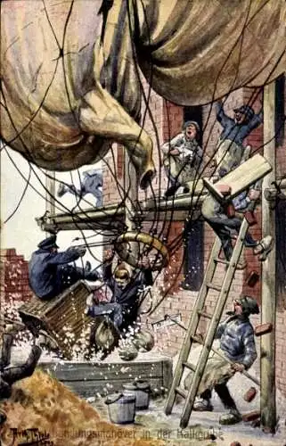 Künstler Ak Thiele, Arthur, Landungsmanöver in der Kalkgrube, Ballon, Maurer