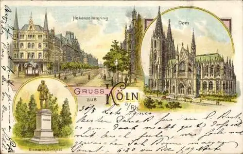 Litho Köln am Rhein, Hohenzollernring, Bismarck-Denkmal, Dom