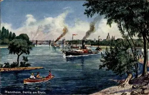 Künstler Ak Mannheim in Baden, Rheinpartie, Dampfer