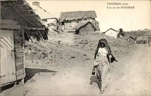 Ak Zanzibar Tansania, Straße, Frau, Wohnhäuser