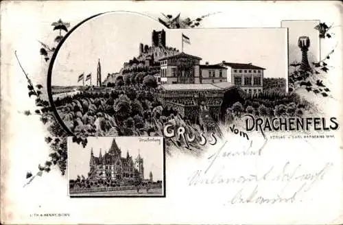 Litho Königswinter am Rhein, Drachenfels, Drachenburg