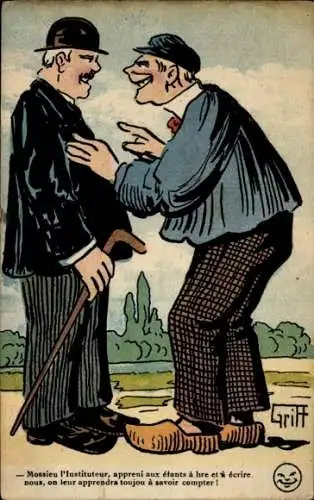 Künstler Ak Griff, Mossieu l'Instituteur, appreni aux étants à lire et à écrire