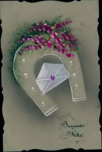Ak Joyeuse Fete, Hufeisen, Blumen, Briefumschlag