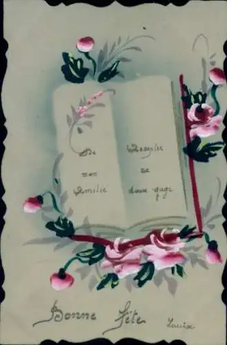 Handgemalt Ak Bonne Fete, Buch, Blumen