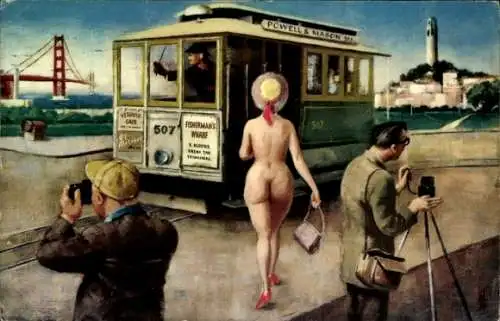 Ak San Francisco, Nackte Frau geht zur Straßenbahn, Erotik