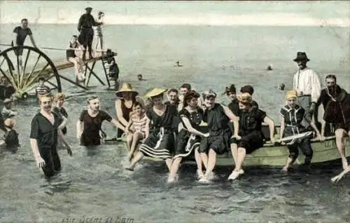 Ak Badestrand, Ruderboot, Badegäste, Gruppenbild