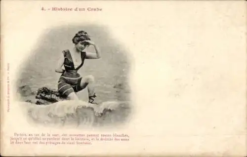 Ak Geschichte einer Krabbe, Strand, Frau im Badeanzug