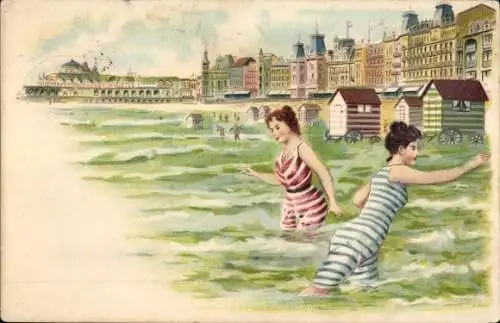 Litho Zwei Frauen in Badekleidung, Strandkabinen