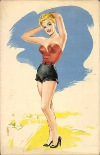 Ak Blondine, Gemaltes Porträt, Kurze Hose