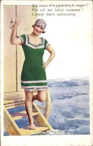 Ak Frau am Strand, Bademode, Wer möchte mir das Schwimmen beibringen?