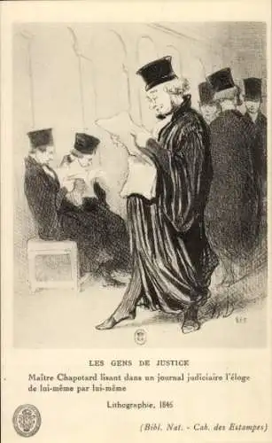 CPA Le Gens de Justice, Maitre Chapotard lisant dan un journal judicaire l'Eloge...