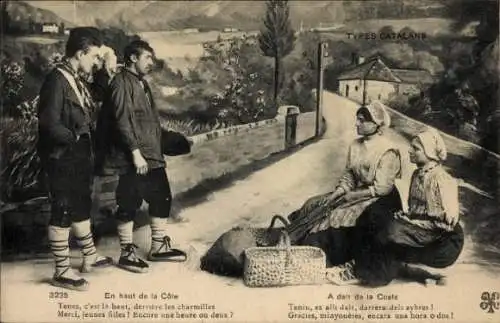 Ak Französische Tracht, Frauen sprechen mit Männern, Straße, Körbe