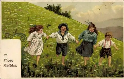 Ak Glückwunsch Geburtstag, Kinder auf Blumenwiese