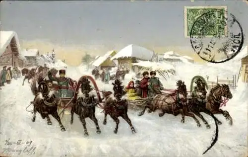 Ak Russische Typen, Pferdeschlitten, Troika