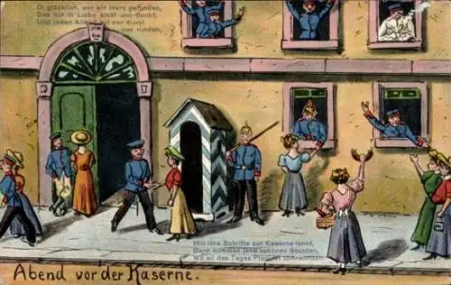 Ak Abend vor der Kaserne, Liebespaare, Abschied, Soldatenleben